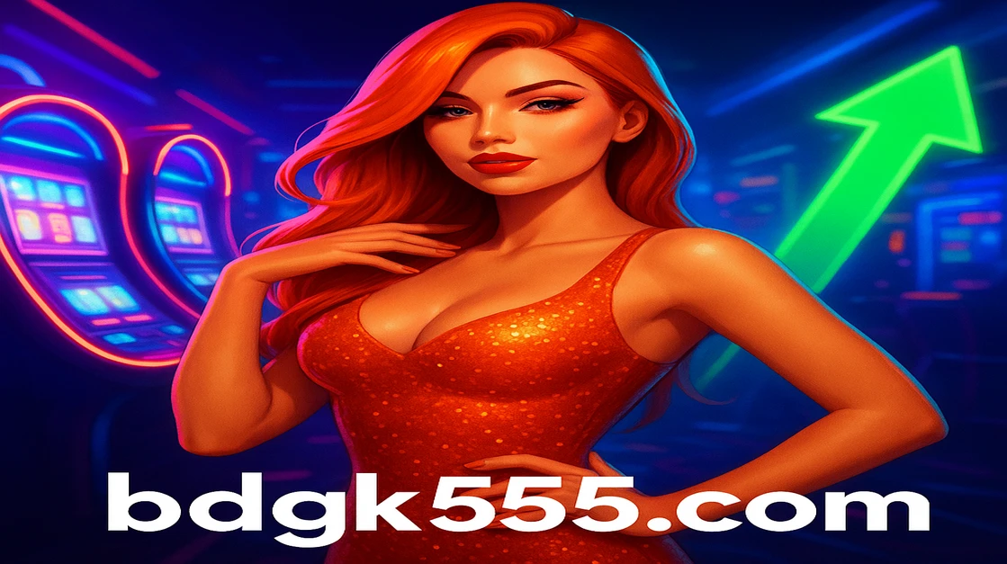 খরগোশের কানের মতো শোভা-আলংকার একটি নারী gk555 গেমিং প্ল্যাটফর্ম অ্যাপে আর্কেড গেমের সামনে খেলা করছেন, সামনে উঠতি সবুজ তীর বড় জয় ও লাভের প্রতীক।