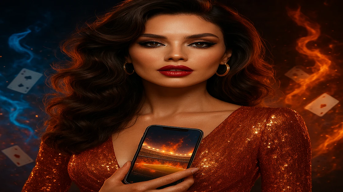 একটি সুন্দর নারী একটি ফোন ধরে আছে যাতে স্ক্রিনে gk555 অ্যাপ দেখা যাচ্ছে এবং এর সামনে একটি স্টেডিয়াম—চারদিকে উড়ন্ত কার্ডেরা আগুন-সুরভিতে ঘুরছে।
